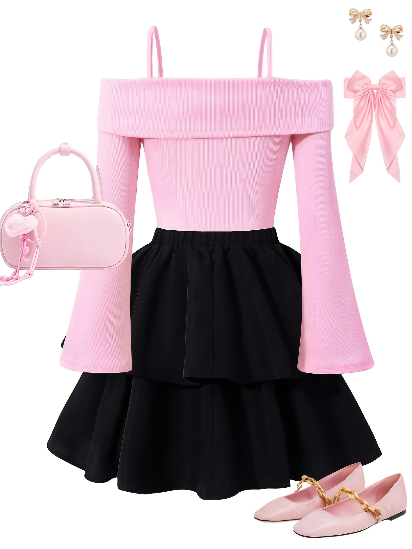 Spring/Autumn New Arrival for Girls: Fashionable and Elegant Off-shoulder Spaghetti Strap Top with a Three-dimensional Bow Decoration, Paired with a Two-tiered Cake Skirt Featuring Contrasting Color Bow Accents. A Comfortable and Stylish Set - Image 2