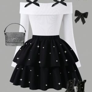 Girl's Sweet Set: Stretchy Ribbed Scoop Neck Camisole Top and Knitted Cake Skirt, Flared Long Sleeves, Bow-Decorated Top, Skirt with Pearl Design, Elegant and Sweet, Suitable for Outings, Dinners, Party Gifts, Perfect for Outdoor