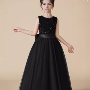 Girls Sequined Bowknot Formal Dress Flower Girls Dress for Wedding Birthday Party Tulle Puffy Skirt Prom Gown Floor Length Dress Special Occasion Dress