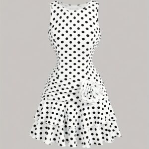Women'S Polka Dot Dress / New French Romantic Style with Black And White Small Polka Dots Design, Sleeveless Dress, Suitable for European And American Fashion, Sweet And Gentle, Featuring Pleats, Irregular Double-Layer Hem, Waist-Cinching