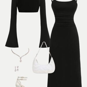 A Stylish Black Spaghetti Strap Dress for Teenage Girls Paired with a Short Black Bell-Sleeve Jacket, Perfect for Parties, Dates, And Other Occasions, Showcasing Feminine Charm, for Outdoor, For Teenager, For Teenager