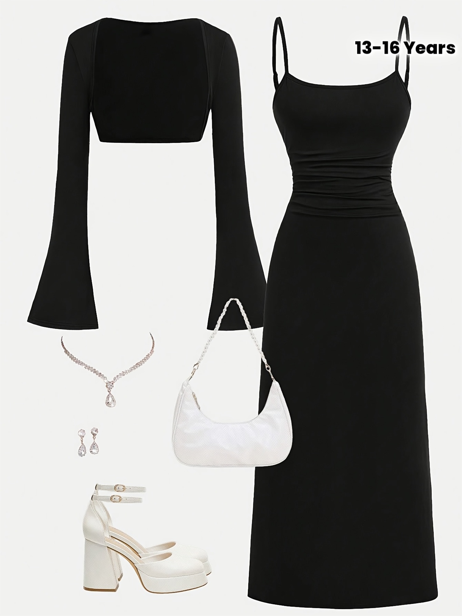 A Stylish Black Spaghetti Strap Dress for Teenage Girls Paired with a Short Black Bell-Sleeve Jacket, Perfect for Parties, Dates, And Other Occasions, Showcasing Feminine Charm, for Outdoor, For Teenager, For Teenager