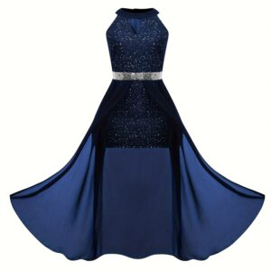 Black Little Evening Dress Teenage Girl Banquet Sequins Light Luxury High-End Waist-Slimming Round Neck Hollow Dress, for Teenager, For Teenager