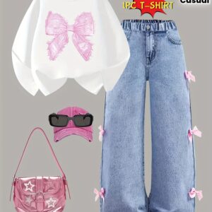 1pc Girls' Long Sleeve T-Shirt with Bow Appliqué - Winter Warm Round Neck Blouse, Casual Top for Layering, & Casual Attire, Fall/Winter Outfits ( to Teen) - Easy Care Hand/Dry Clean, Non- Fabric