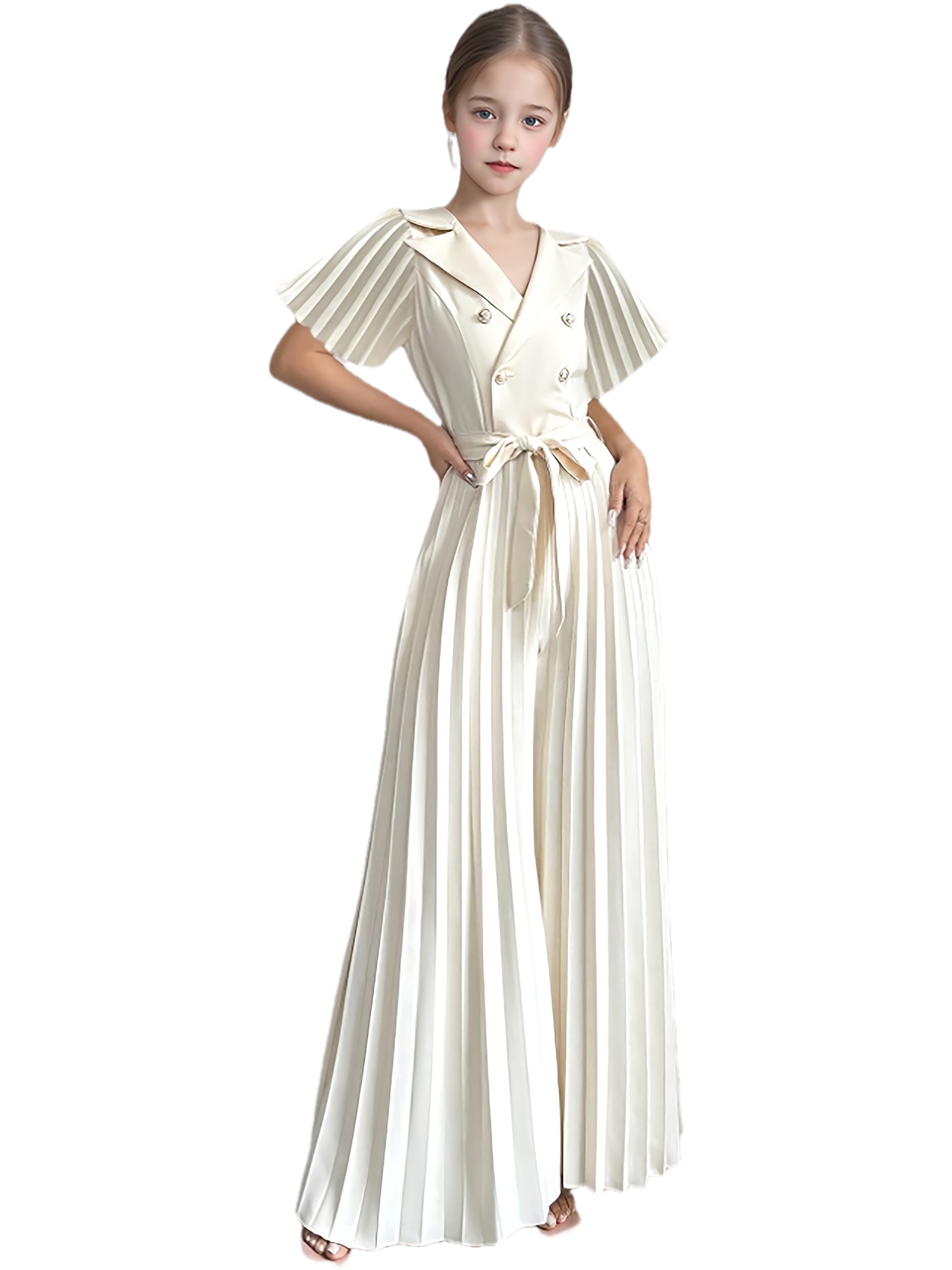 Spring/Summer Girls' Fashionable New Style: Cute, Elegant, Artistic, and Gentle Design. Versatile and Stylish Solid-Color Button-Decorated Lapel with Ruffled Sleeves and Pleated Romper. Includes a Matching Belt. Suitable for Spring Outings
