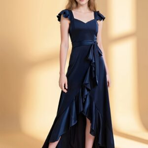 Elegant Sleeveless Navy Blue Dress for Teen Girls | Hidden Back Zipper, Asymmetrical Hem, Perfect for Graduation, Weddings, and Formal Occasions, For Teenager, For Teenager