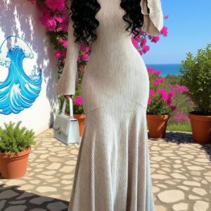 [Women's Mermaid Dress] 2025 Spring And Autumn New Women's Round Neck Dress - Long Bell Sleeves, Ribbed, Fitted Mermaid Skirt - Stylish And Flattering, Comfortable And Versatile - Suitable for Commuting And Dating