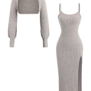 [Elegant | Solid Color] 2pcs Elegant Dress Set: Long-Sleeve Cropped Cardigan + Slit Cami Maxi, Solid Color Brushed Ribbed Casual Outfit