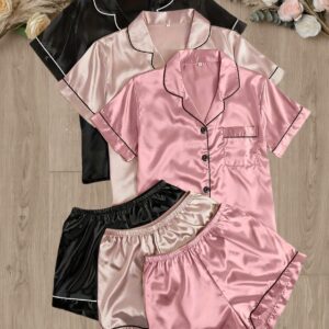 Casual, Fashionable, and Comfortable 6pcs Set in 3 Colors: Solid, Plain, Satin, and Satin Trim Short-Sleeve Shirt & Elastic Waist Shorts Pajama Set