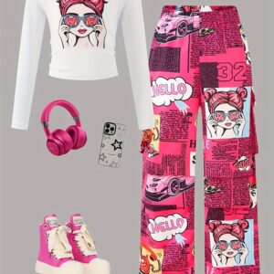 High-Rated Cool Girl Street Style Featuring a Cartoon Print Top Paired with Straight Cargo Pants That Have Side Pockets. This Is a Spring And Autumn Outfit, Excluding Bags And Other Additions. It Includes Girls' School Uniforms