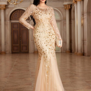 Plus Size, Women's Solid Color Long Sleeve Round Neck Fully Lined Back Zipper Fishtail Maxi Dress Embroidered Evening Dress Mesh Host Wedding Dress Splicing Party Dress