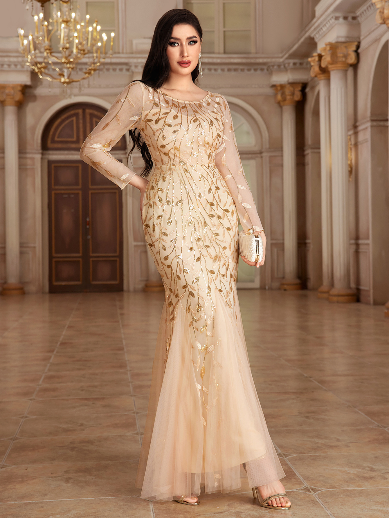 Plus Size, Women's Solid Color Long Sleeve Round Neck Fully Lined Back Zipper Fishtail Maxi Dress Embroidered Evening Dress Mesh Host Wedding Dress Splicing Party Dress