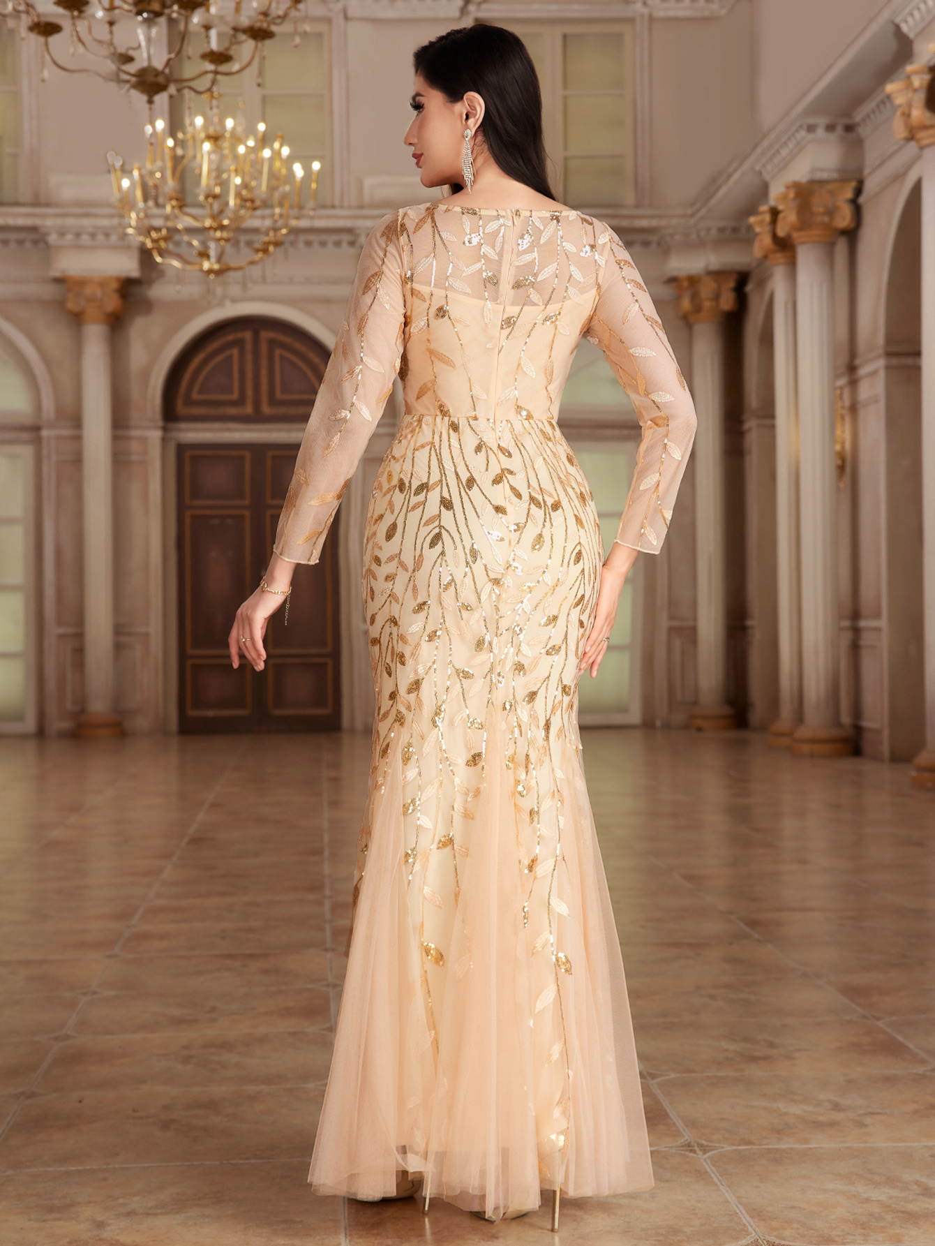 Plus Size, Women's Solid Color Long Sleeve Round Neck Fully Lined Back Zipper Fishtail Maxi Dress Embroidered Evening Dress Mesh Host Wedding Dress Splicing Party Dress - Image 8