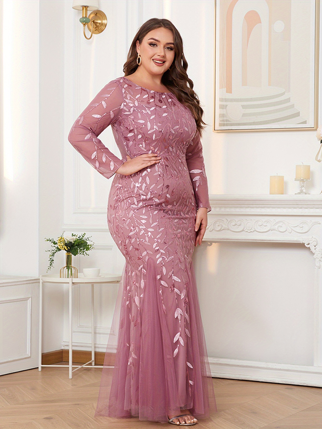 Plus Size, Women's Solid Color Long Sleeve Round Neck Fully Lined Back Zipper Fishtail Maxi Dress Embroidered Evening Dress Mesh Host Wedding Dress Splicing Party Dress - Image 5