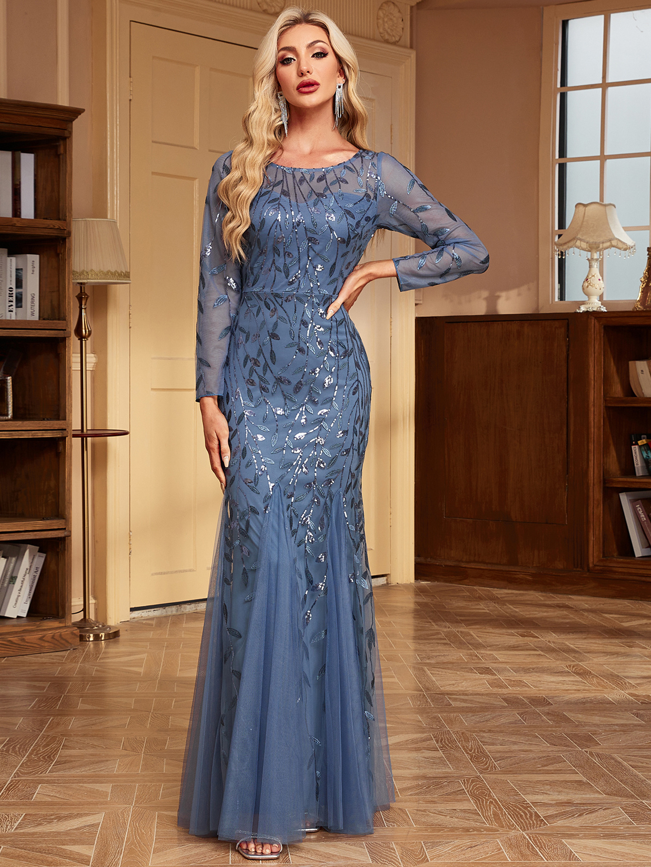 Plus Size, Women's Solid Color Long Sleeve Round Neck Fully Lined Back Zipper Fishtail Maxi Dress Embroidered Evening Dress Mesh Host Wedding Dress Splicing Party Dress - Image 6