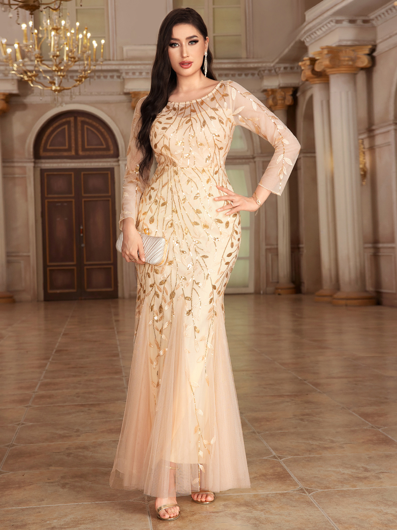 Plus Size, Women's Solid Color Long Sleeve Round Neck Fully Lined Back Zipper Fishtail Maxi Dress Embroidered Evening Dress Mesh Host Wedding Dress Splicing Party Dress - Image 3