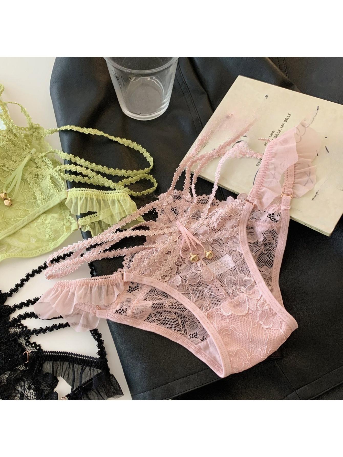 4pcs Women' Low-Rise Lace Underwear - Sheer Hollow-Out Briefs with Bell Strap, Semi- Solid Color Panties Suitable for &, Elegant Lingerie for Casual Attire or Special Occasions - Image 5