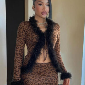 Stylish and Sexy New Products, Fluffy Splicing Lace-up Cardigan, Long-sleeved Top, Leopard Print Skirt Set, 2pcs Set.