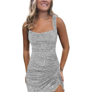 Short Sequin Homecoming Dresses for Teens Square Neck Sparkly Bodycon Tight Cocktail Party Gown with Slit