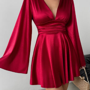 Viral Satin Opera Gown - Deep V Neck with Bell Sleeves, Elegant Red Dress for New Year'S Eve And Romantic Evenings, Perfect for Photos And Flattering to The Figure
