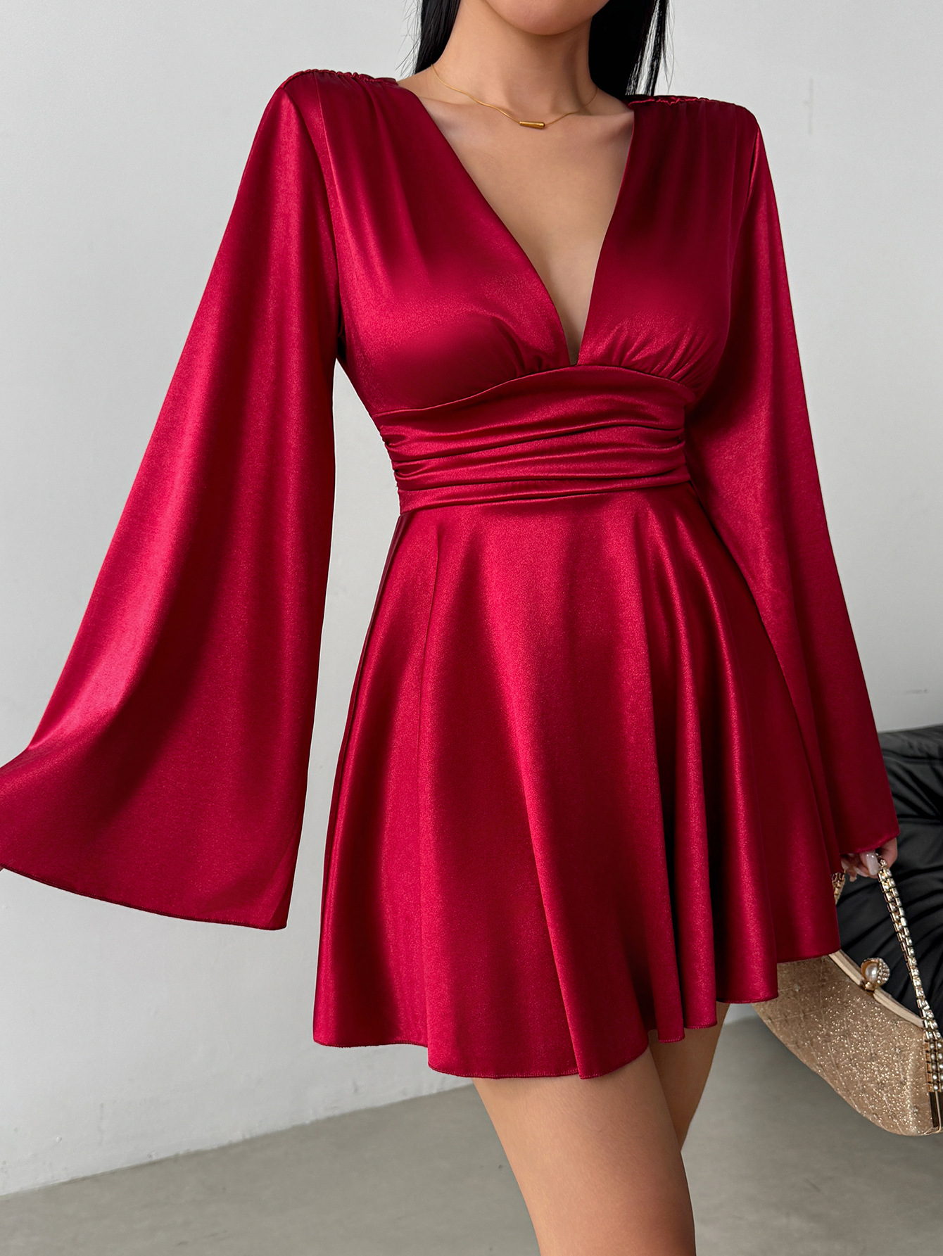 Viral Satin Opera Gown - Deep V Neck with Bell Sleeves, Elegant Red Dress for N…