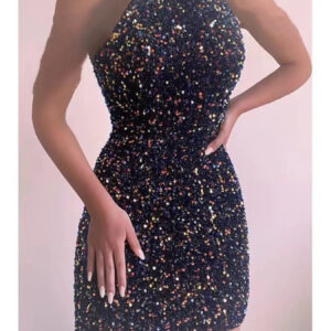 Women's Sparkling Sequin Halter Neck Evening Dress - Sleeve Bodycon Gown with Full Sequin Coverage, Non-Stretch Summer Formal Dress for Weddings, Prom & Nightclub Outfits