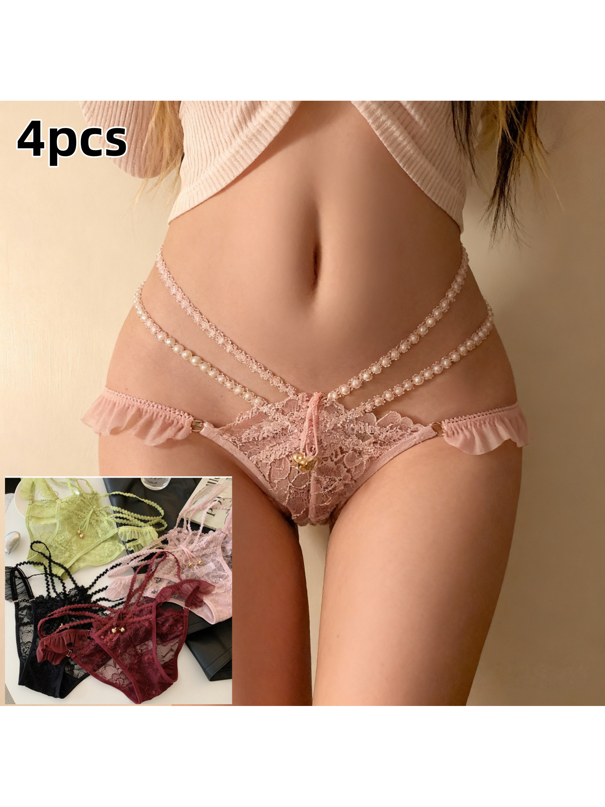 4pcs Women' Low-Rise Lace Underwear - Sheer Hollow-Out Briefs with Bell Strap, Semi- Solid Color Panties Suitable for &, Elegant Lingerie for Casual Attire or Special Occasions