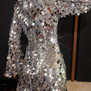 Ladies' Stylish Short Dress with Sequins, Featuring Long Bell Sleeves for Evening Gatherings