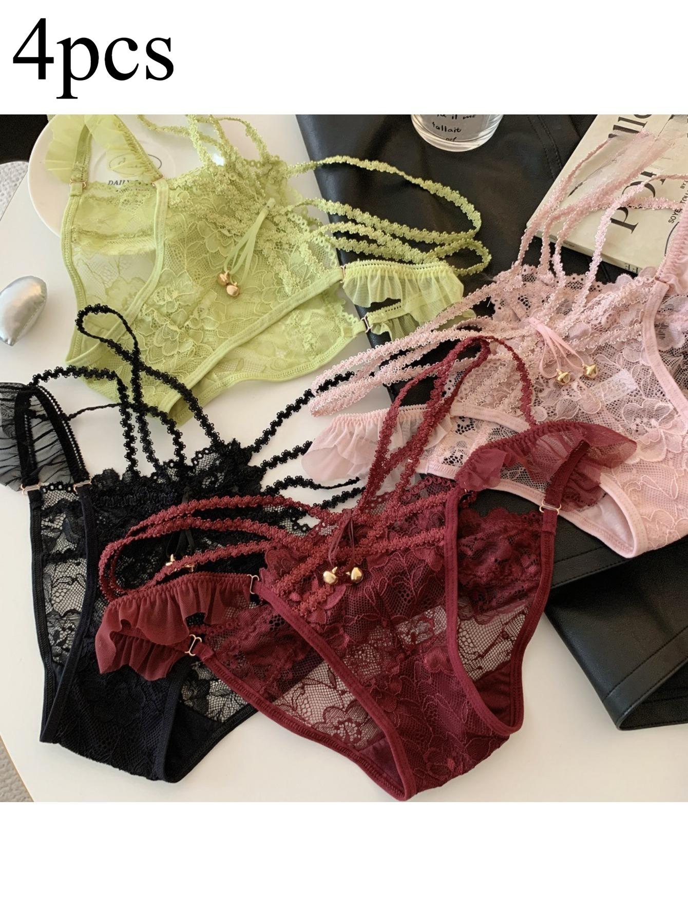 4pcs Women' Low-Rise Lace Underwear - Sheer Hollow-Out Briefs with Bell Strap, Semi- Solid Color Panties Suitable for &, Elegant Lingerie for Casual Attire or Special Occasions - Image 3