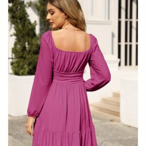 Women'S Long Sleeve Square Neck Dresses Dating High Waisted Dresses A-Line Ruffle Hem Casual Party Dresses