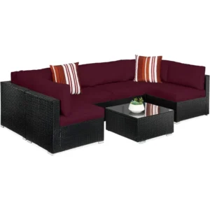 7-piece modular outdoor sectional wicker patio conversation set w/ 2 pillows, coffee table, cover included - black/deep burgund