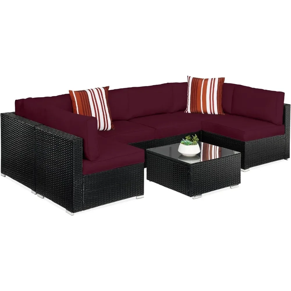 7-piece modular outdoor sectional wicker patio conversation set w/ 2 pillows, coffee table, cover included - black/deep burgund
