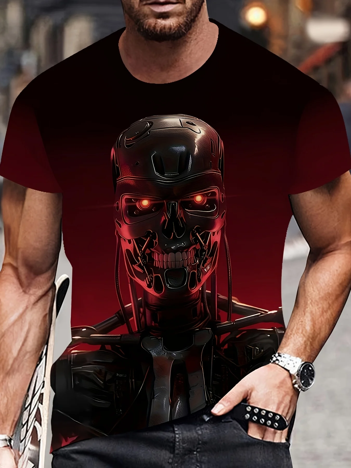 Printed Design - Not Textured Men's T-Shirt with Robot Pattern 3D Printed Top, Summer Street Fashion Regular Fit Men's T-Shirt