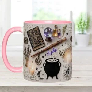 Personalized Witchcraft Flat Accent Mug, Witches Accessories Ceramic Cup, Magic Lover Gothic Coffee Mug, Gift Wiccans Bestie ipatuwic00443