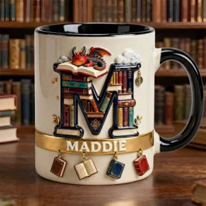 Vintage Book Dragon Alphabet Initial Letter Accent Mug, Personalized Gifts For Book Lovers 02qhdt231225