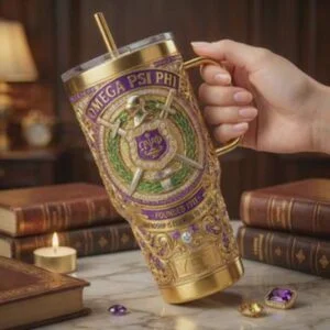 Omega Psi Phi Stainless Steel Tumbler with Handle, Omega Fraternity Gift, Que Insulated Travel Mug, Divine Nine Greek Cup, Omega 1911 2D Flat