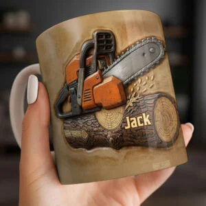 Rugged Chainsaw And Wood Design, Personalized Custom Coffee Mug, Gift For Dad And Lumberjacks