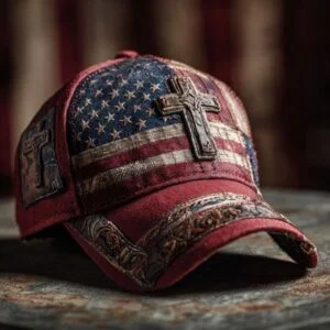2 Vintage American Flag Patriotic Baseball Caps with Metallic Cross Emblem | Distressed Retro Cap with Ornate Patterns on Brim, Classic Religious & Patriotic Style, & PVC, Dome Style, Button Closure, Machine Washable