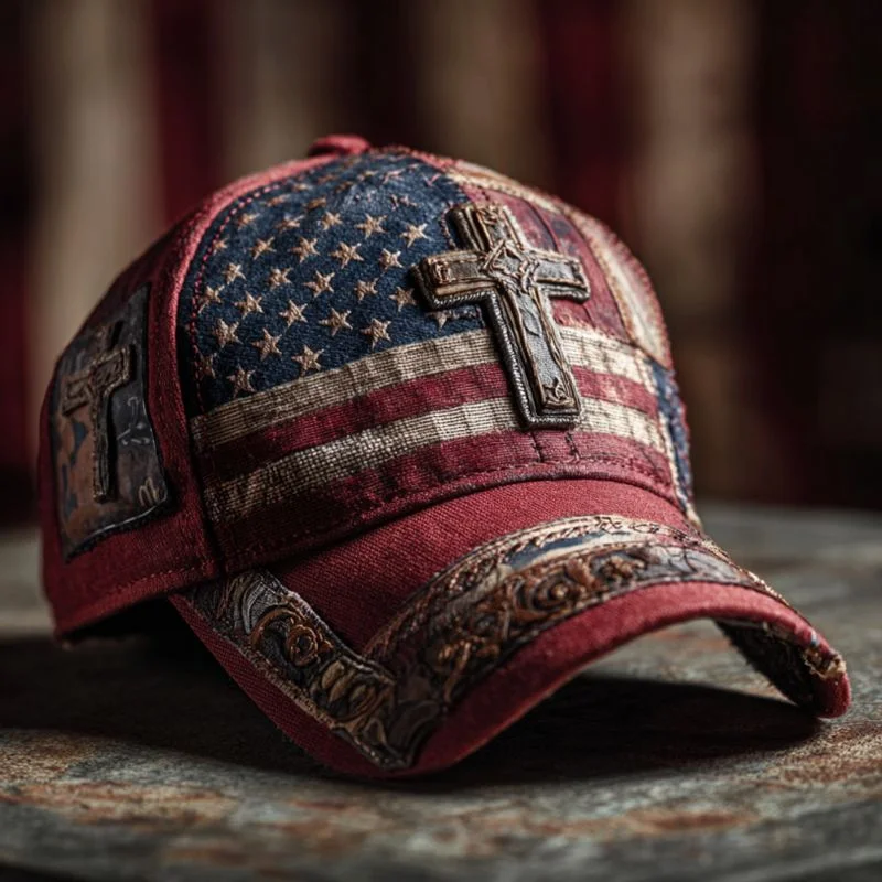 2 Vintage American Flag Patriotic Baseball Caps with Metallic Cross Emblem | Distressed Retro Cap with Ornate Patterns on Brim, Classic Religious & Patriotic Style, & PVC, Dome Style, Button Closure, Machine Washable