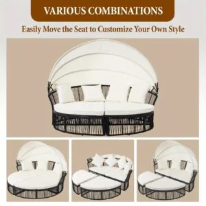 Patio Round Daybed With Retractable Canopy Outdoor Wicker Sectional Sofa Couch, Water-Resistant Rattan Furniture Set For Poolside, Backyard, Garden, Porch- Cushioned Seats & Adjustable Shade (White/Blue) - Patio Furniture Outdoor Clearance