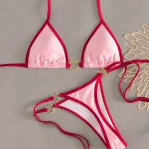 New Spring And Summer Color-Blocked Bikini Set with a Halter Neck And Heart-Shaped Ring Decoration, Perfect for Cute Beach Vacation Outfits