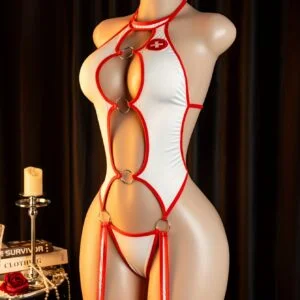 Women'S Sexy Costumes, Role-Playing, Nurse Uniform Metal Link Hollowed-Out Jumpsuit, Hot Open-Back Design Crotchless Bodysuit, Holiday Parties, a Must-Have for Romantic Nights