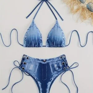 [Printed Pants - Not Denim Fabric] 2025 Trendy Imitation Denim Positioning Print 2pcs Bikini Set with Eyelet Lace-Up Design on the Sides, Holiday Beachwear Swimsuit P0400F