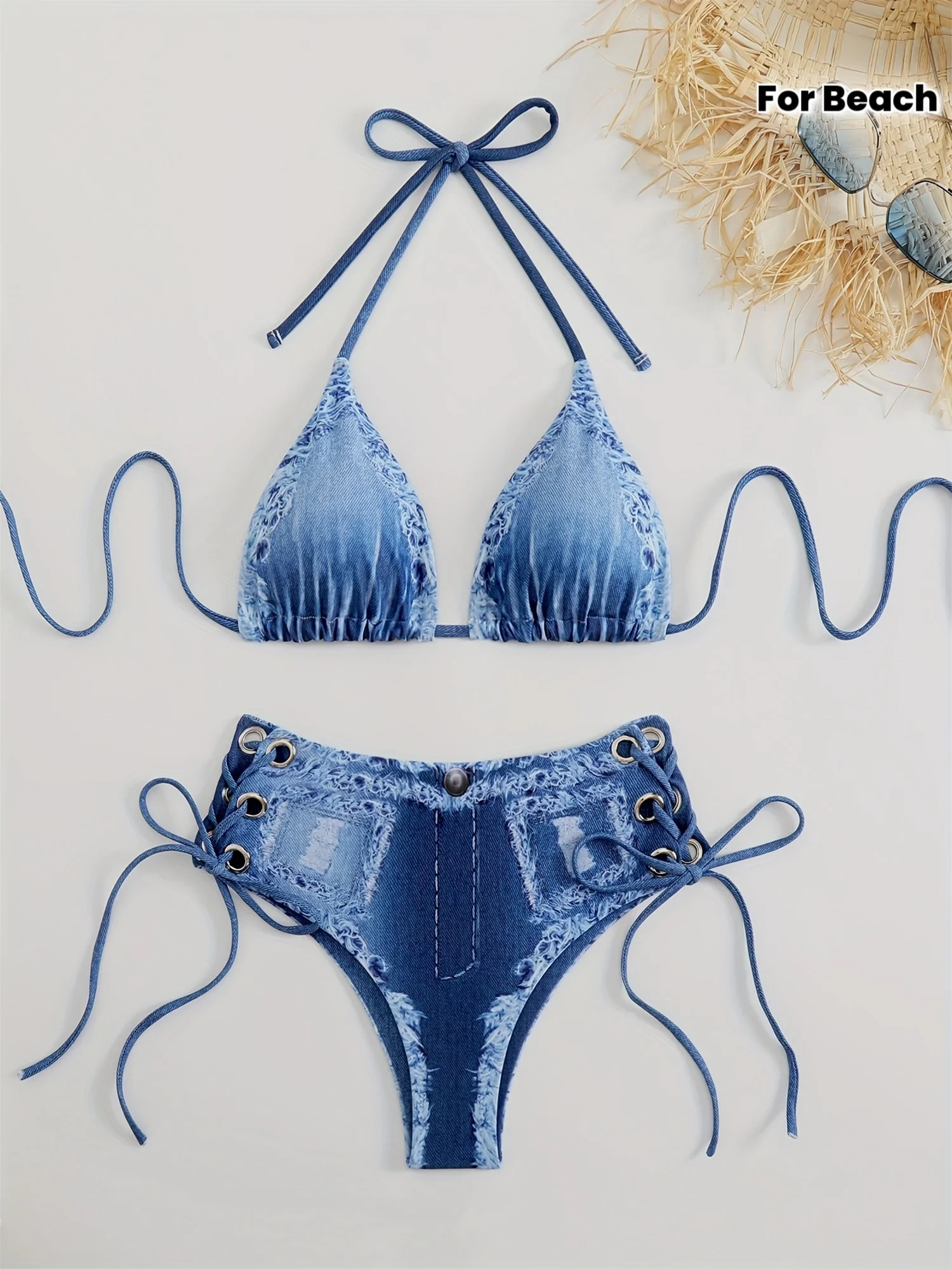 [Printed Pants - Not Denim Fabric] 2025 Trendy Imitation Denim Positioning Print 2pcs Bikini Set with Eyelet Lace-Up Design on the Sides, Holiday Beachwear Swimsuit P0400F