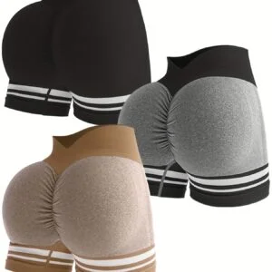 Set of 3 Women'S High-Waisted Seamless Color Block Striped Workout Shorts - Designed to Lift The Butt, Control The Tummy, And Made from Stretchy Nylon for Running And Gym Use, in Black, White, And Gray
