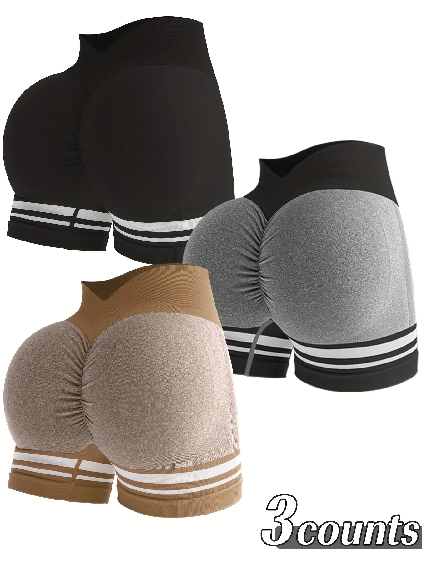 Set of 3 Women'S High-Waisted Seamless Color Block Striped Workout Shorts - Designed to Lift The Butt, Control The Tummy, And Made from Stretchy Nylon for Running And Gym Use, in Black, White, And Gray