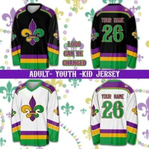 Premium Hockey Jersey Personalized Mardi Gras Ice Hockey Jersey, Custom Fleur De Lis Hockey Shirt, Hockey Team Jersey, Mardi Gras Carnival Sports Uniform For Fans