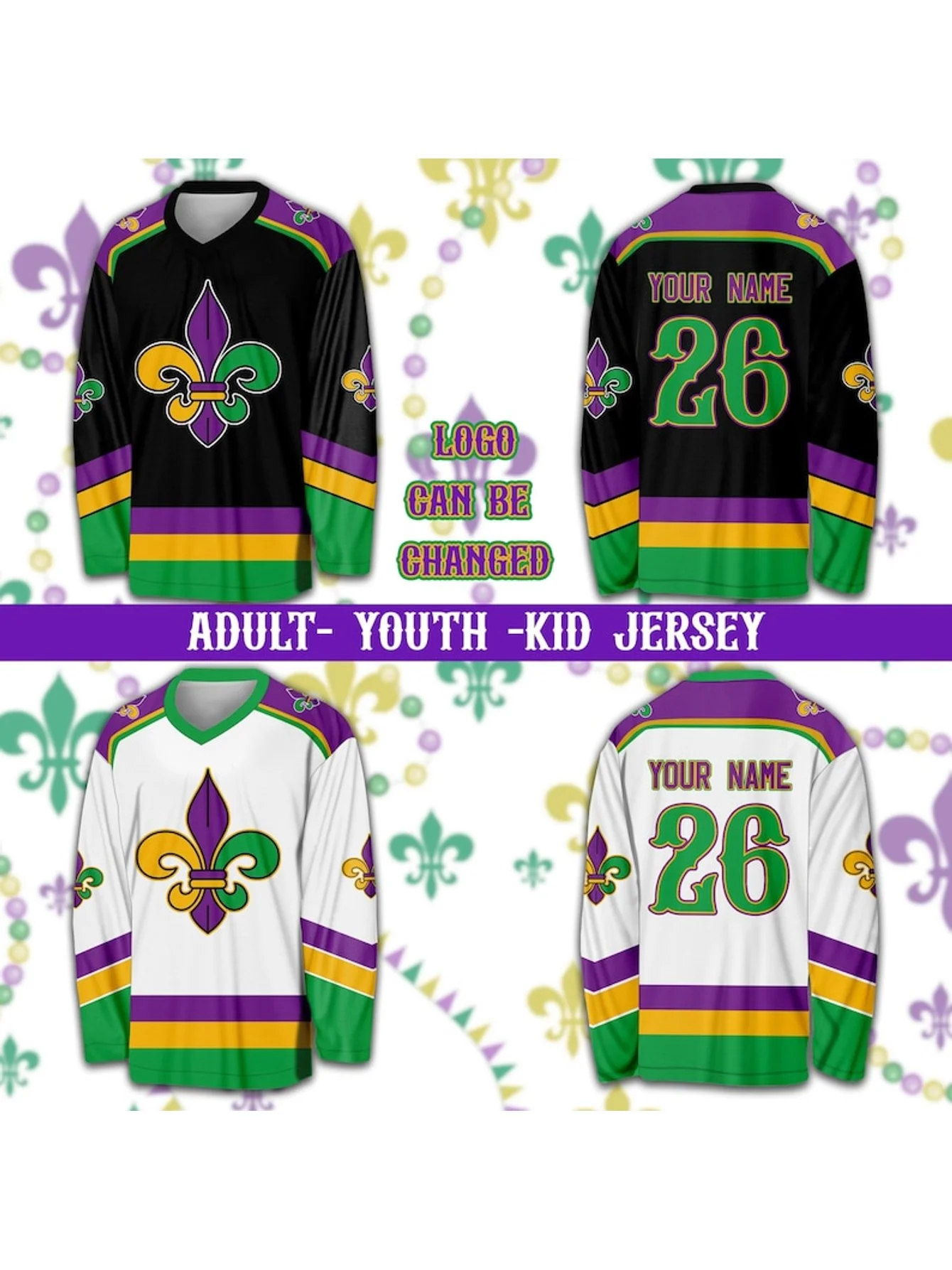 Premium Hockey Jersey Personalized Mardi Gras Ice Hockey Jersey, Custom Fleur De Lis Hockey Shirt, Hockey Team Jersey, Mardi Gras Carnival Sports Uniform For Fans