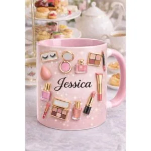 Personalized Makeup Mug with Name | Custom Beauty Coffee Cup | Pink Cosmetic Mug Gift for Her, Makeup Lover Gift