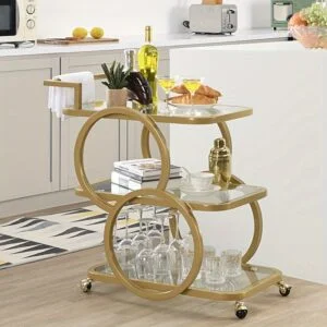 [Golden Rolling Bar Cart] 3-Tier Golden Rolling Bar Cart with Wheels for Kitchen, Dining Room, Home Use, Wine Serving